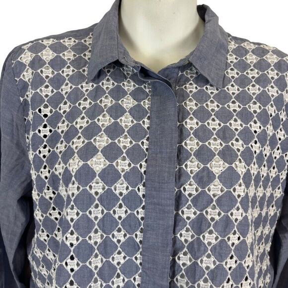 Ann Taylor Loft Softened Shirt Eyelet Embroidered Long Sleeve Button Up Top sz M - Picture 7 of 16